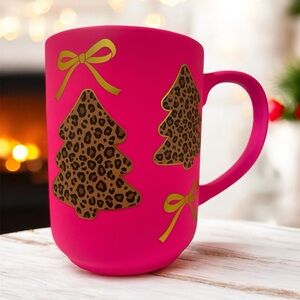 Pink Mug with Leopard Print Trees and Gold Bows